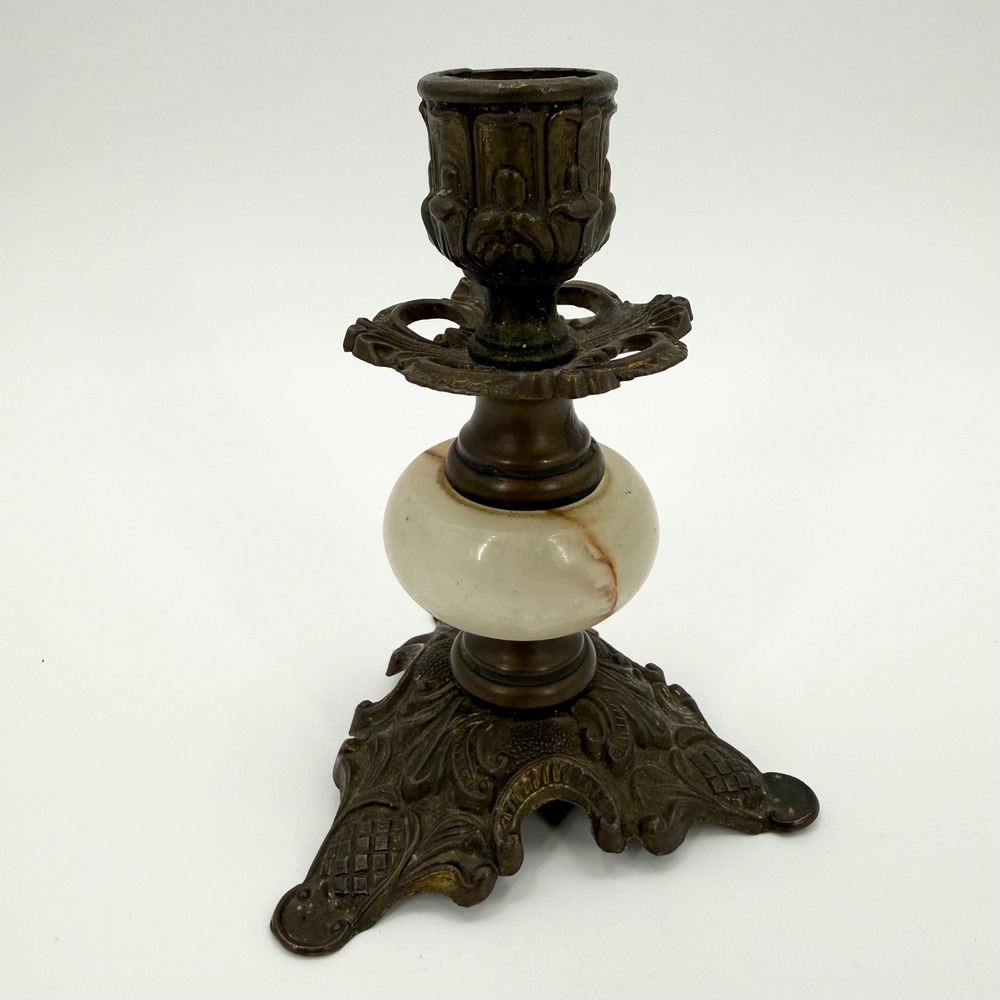 Vintage Italian Ornate Brass Alabaster Rococo Revival Candlestick Made Italy